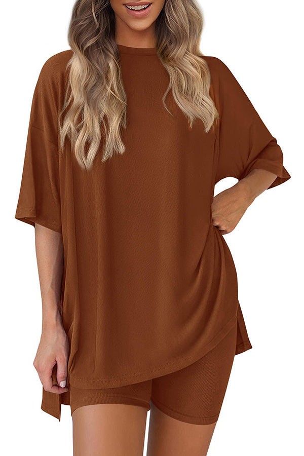 Solid Color Loose Short-sleeved Top and Stretch Casual Shorts Set