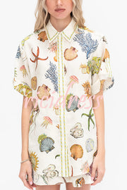 Beach Shell Print Short Sleeve Loose Shirt and Elastic Waist Tie Casual Pocket Shorts Set