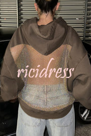 Fashionable Shiny Mesh Hollow Back Loose Long-sleeved Hooded Sweatshirt
