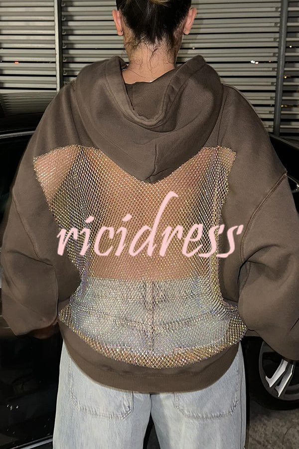 Fashionable Shiny Mesh Hollow Back Loose Long-sleeved Hooded Sweatshirt