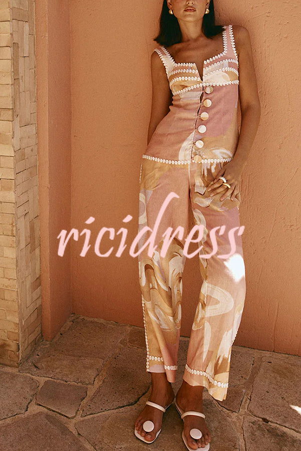 European Summer Linen Blend Ric Rac Trims High Rise Pocket Loose Pants