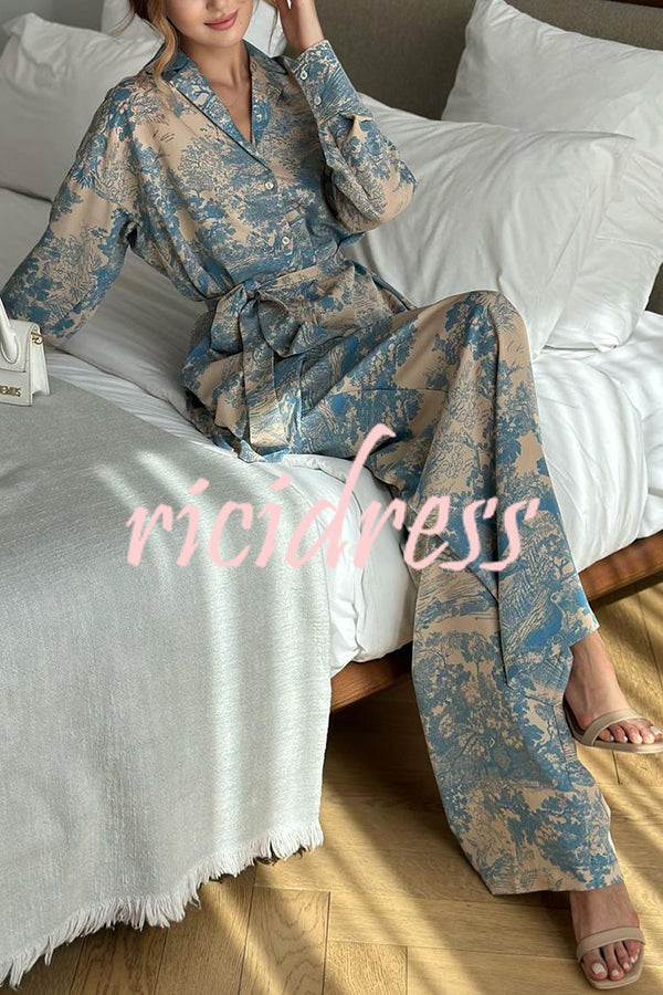 Unique Print Long-sleeved Tie Shirt and Elastic High-waist Wide-leg Pants Set