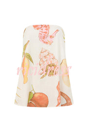 Island Time Linen Blend Unique Print Strapless Top and Elastic Waist Pocket Loose Pants Set