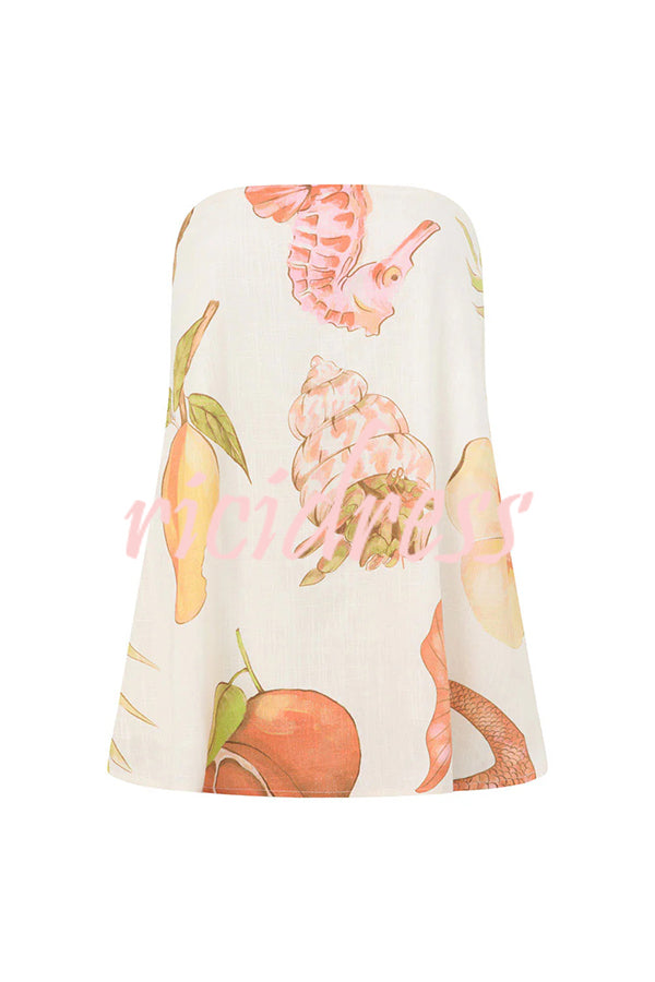 Island Time Linen Blend Unique Print Strapless Top and Elastic Waist Pocket Loose Pants Set