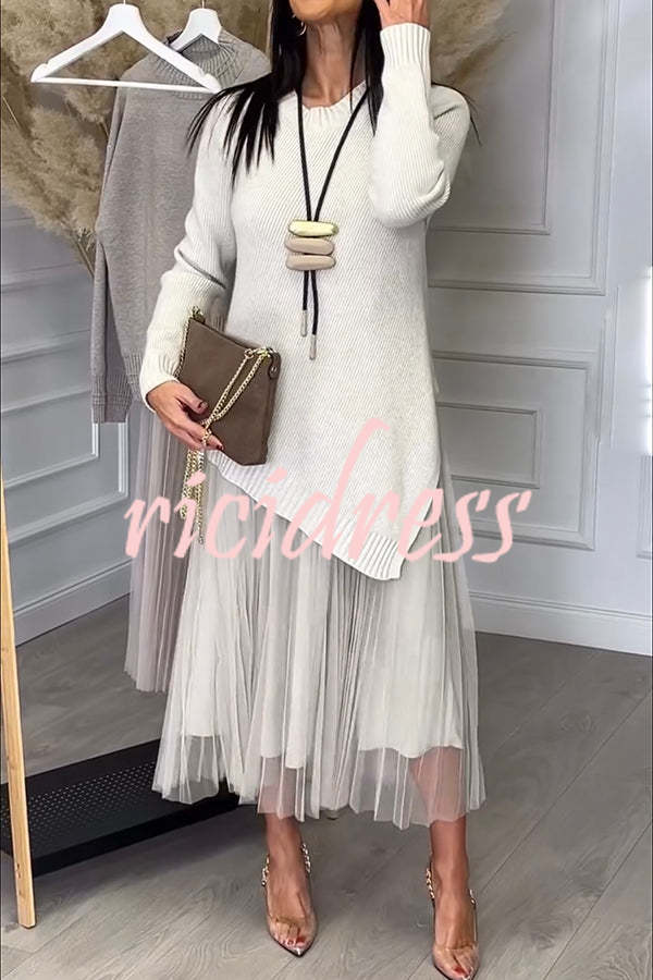 Jensine Ribbed Knit Long Sleeve Irregular Hem Loose Sweater