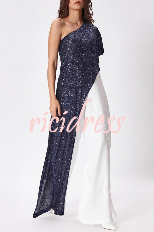 Party Favors Sequin One Shoulder Ruffle Detail Wide Leg Evening Jumpsuit