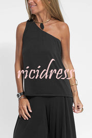 Modal One Shoulder Tank & Stretch Wide-leg Pants& Midi Vest Three Pieces Suit