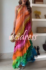 Rosha Georgette Crepe Tie-dye Print Layered Ruffles A-line Maxi Dress