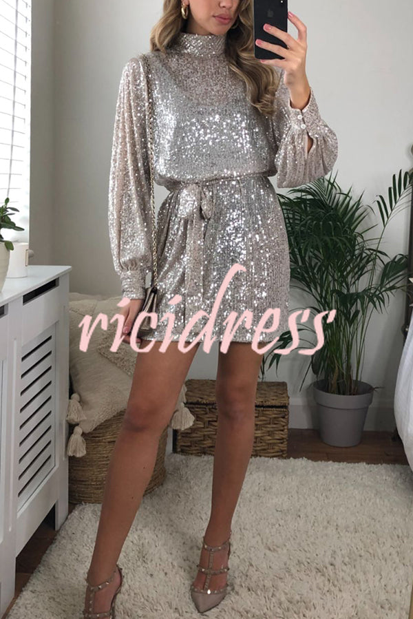 Fashionable Sequined Long-sleeved Belted Casual Mini Dress