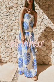 Linen Blend Shell Print Loose Strappy Resort Style Maxi Dress