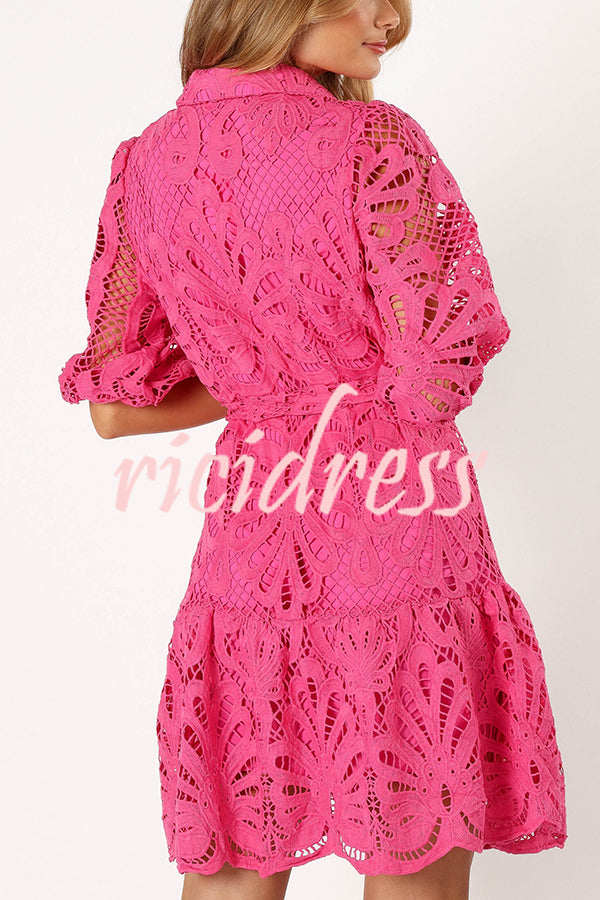 Solid Color Lace Cutout Balloon Sleeves and Waist Tie Mini Dress