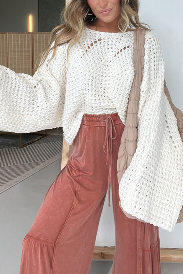Solid Color Hollow Loose Round Neck Bat Sleeve Knitted Sweater