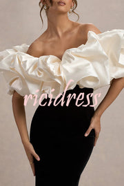 Cecily Velvet Off Shoulder Satin Structured Bardot Neck Stretch Maxi Dress