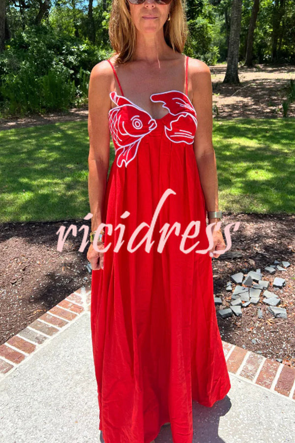 Red Fish Embroidered Sling Backless Maxi Dress