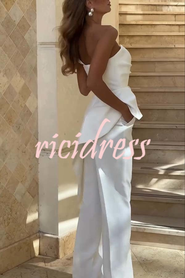 Amena One Shoulder Sweetheart Neck Ruffle Hem Top and Elastic Waist Pocket Wide Leg Pants Set