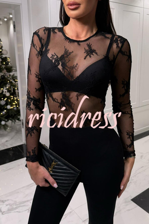 Elegant Sexy Touch Lace Mesh Long Sleeve Stretch Bodysuit