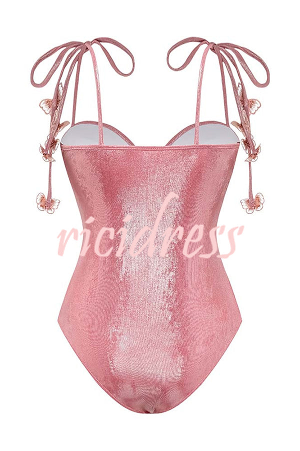 Solid Color Shiny Fabric Sweet Butterfly Decoration Stretch One-piece Swimsuit