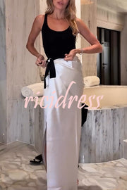 Black and White Classic Satin High Neck Crop Top and Wrap Tie-up Slit Maxi Skirt Set