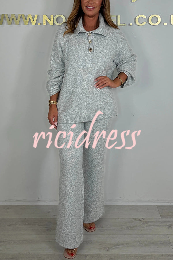 Solid Color Lapel Long-sleeved Loose Top and Elastic Waist Casual Pants Set