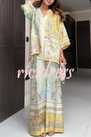 Elonie Satin Floral Print V-neck Half Sleeve Top and Elastic Waist Wide Leg Pants Set