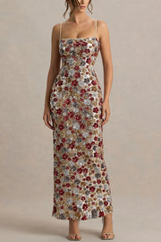 The Center of Attention Floral Print Sequin Square Neck Slip Stretch Maxi Dress