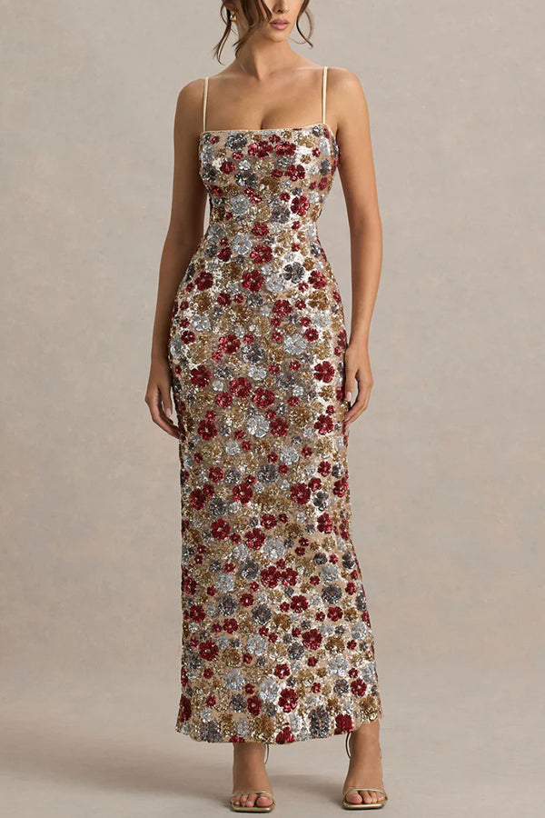 The Center of Attention Floral Print Sequin Square Neck Slip Stretch Maxi Dress