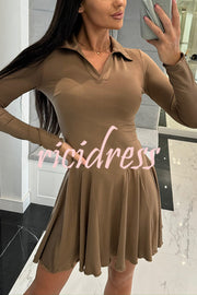 Solid Color Lapel Long Sleeve Slim Fit Waist Mini Dress