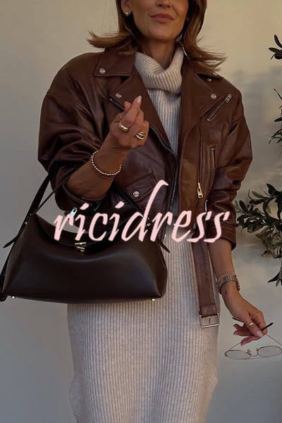 Fashion Lapel Long Sleeve Casual Zipper Pocket Leather Jacket