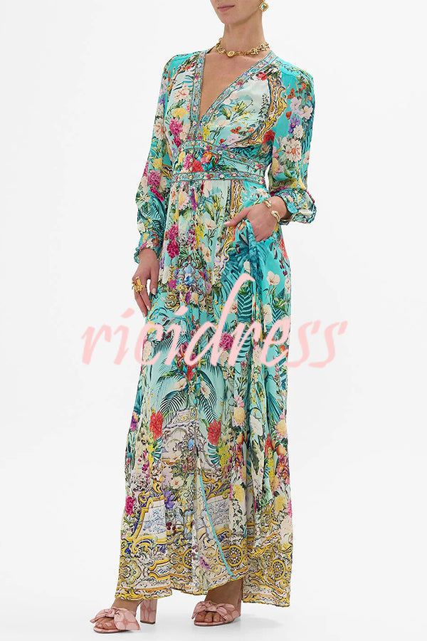 Fairy Tale Print V-Neck Lantern Sleeve Waist Maxi Dress