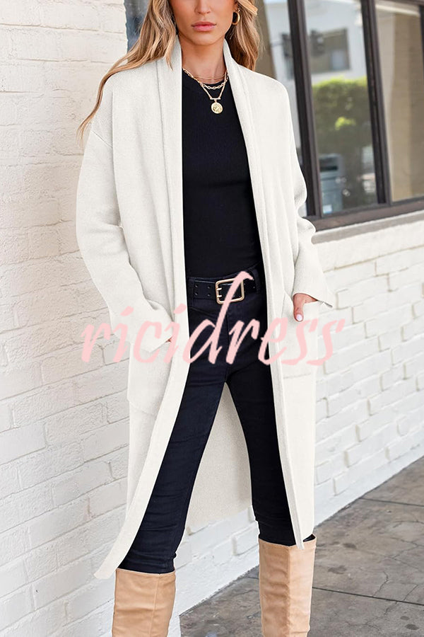 Solid Color Long-sleeved Casual Loose Pocket Mid-length Cardigan