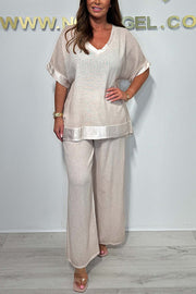 Fashionable V-neck Short-sleeved Loose Top and Elastic Waist Casual Wide-leg Pants Set