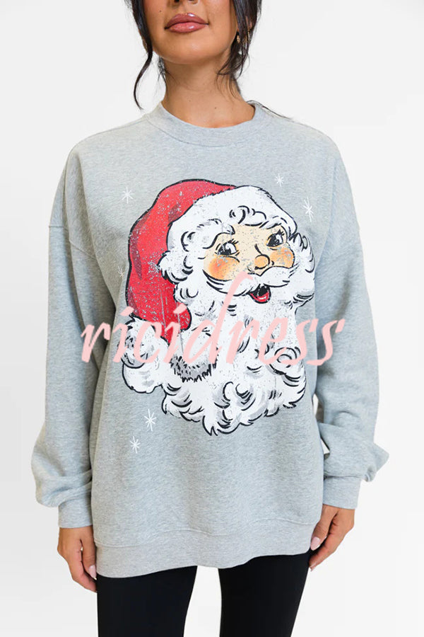 Christmas Cartoon Santa Claus Print Long Sleeve Loose Sweatshirt