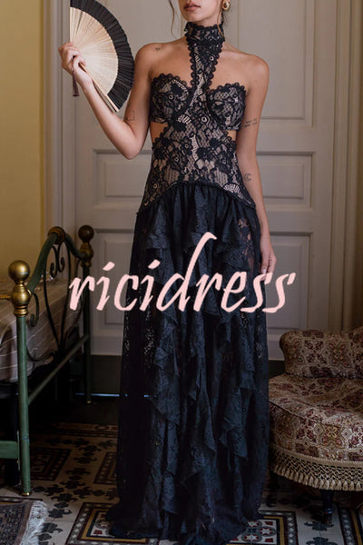 A Girls' Trip Lace High Neck Cutout Drop Waist Ruffles Maxi Dress