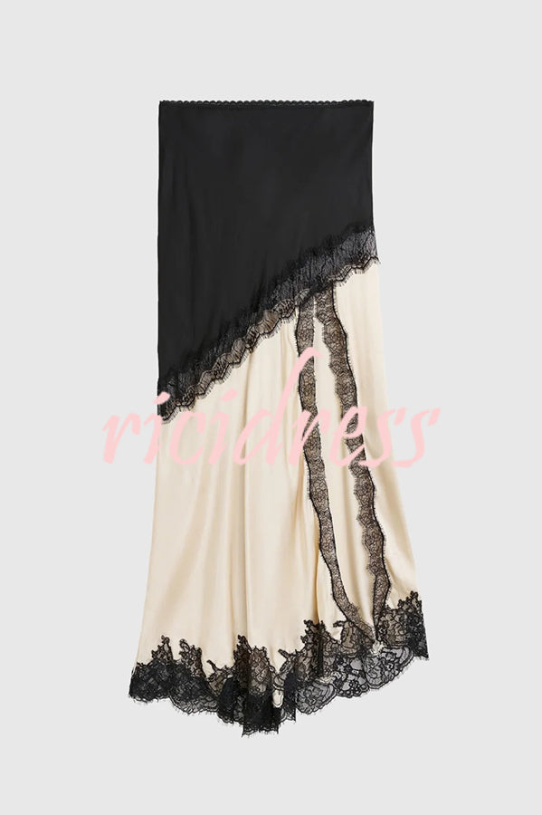 Party Focus Contrast Color Satin Lace Trim Elastic Waist Front Slit Maxi Skirt