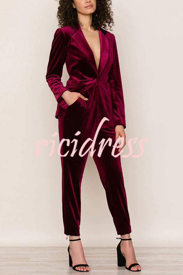 Solid Color Velvet Long-sleeve Blazer and Elastic Waist Pocket Pants Set