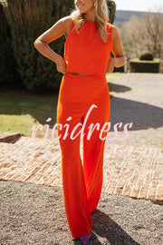 Modern and Elegant Solid Crop Tank and High Rise Flare Loose Pants Set