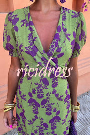 Botanical Print V-neck Puff Sleeve Tie Waist Midi Dress