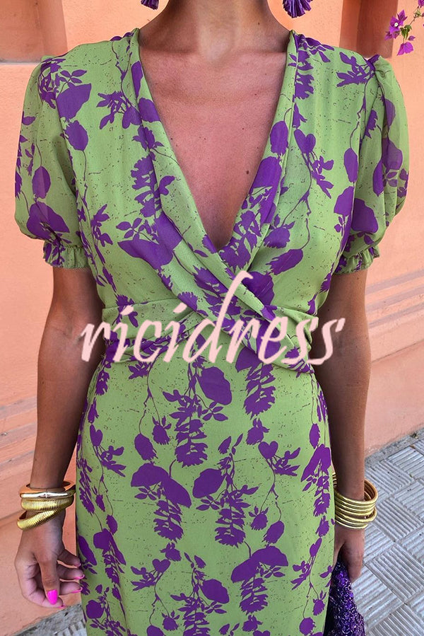 Botanical Print V-neck Puff Sleeve Tie Waist Midi Dress