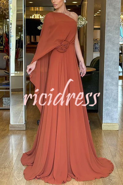 Iriena Chiffon One Shoulder Rose Decoration Waist Formal Maxi Dress