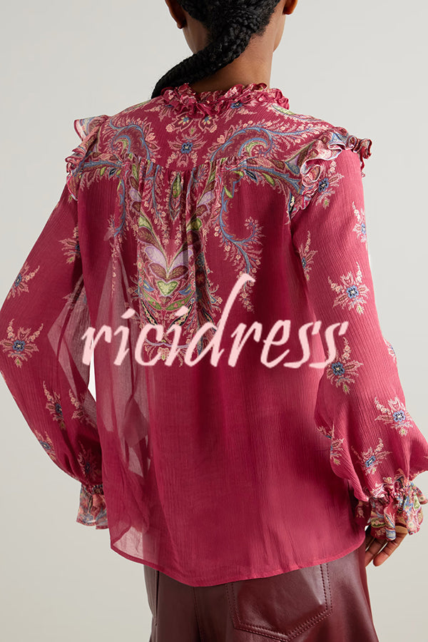 Unique Printed Chiffon Long-sleeved Loose Shirt and Elegant Ruffled Maxi Skirt Set