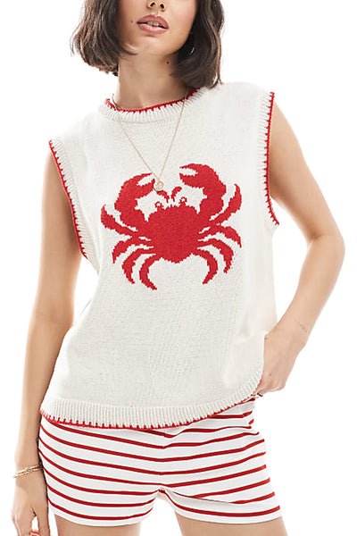 Marine Life Pattern Crew Neck Sleeveless Knit Tank Top