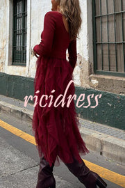 Jansen Ribbed Knit Patchwork Layered Tulle Ruffles Long Sleeve Midi Dress