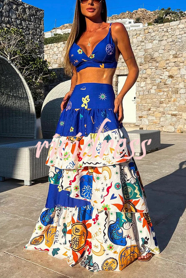 Unique Printed Suspenders Top and Loose Paneled Beach Maxi Skirt Set