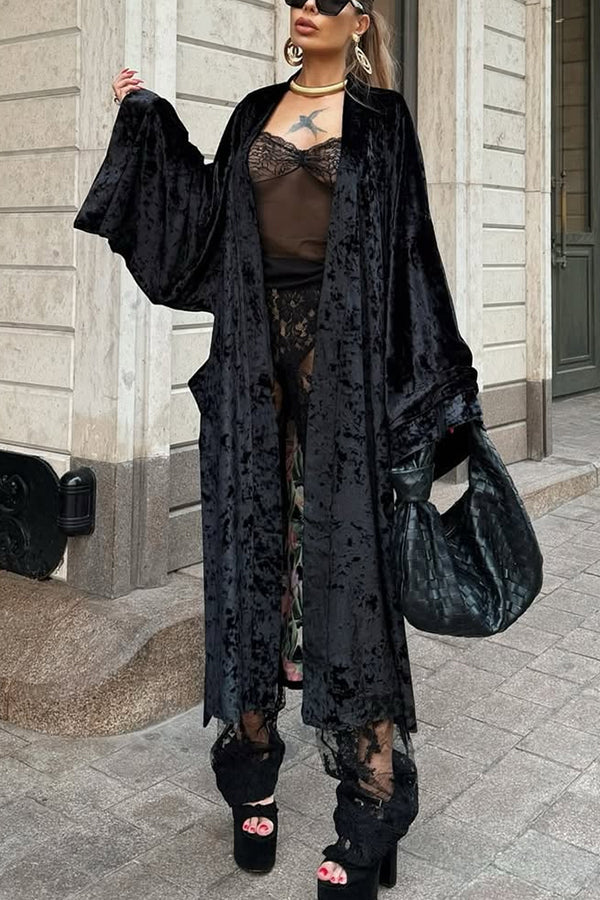 Gorgeous Glossy Velvet Long Bell Sleeve Tie-up Pocket Midi Kimono Coat