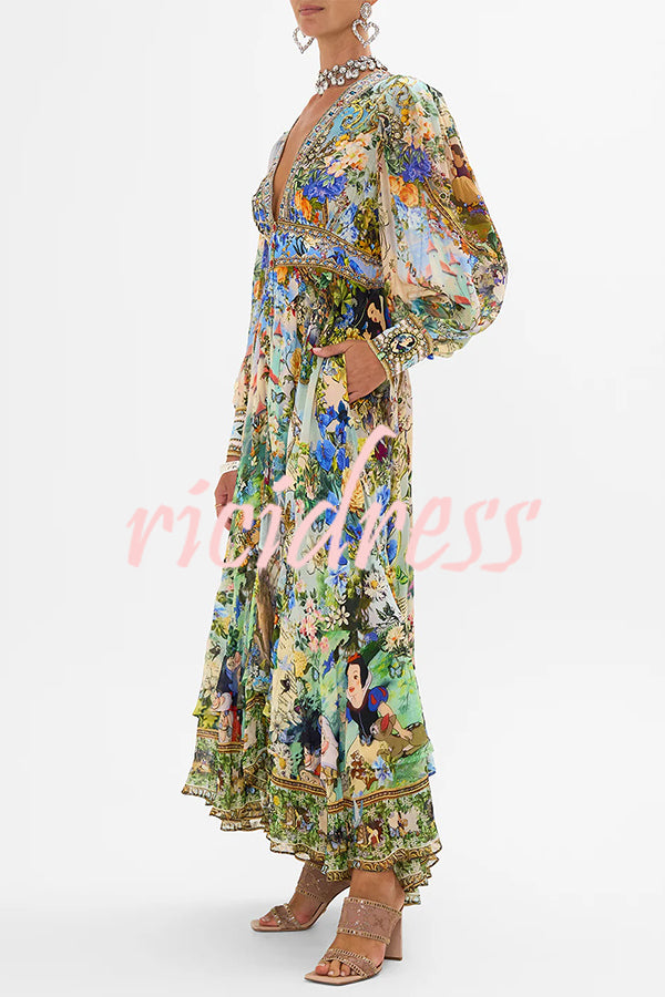 Fairy Tale Print V-Neck Lantern Sleeve Waist Maxi Dress