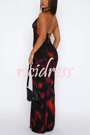 Fashion Printed Halter Neck Backless Lace-Up Sexy Slim Maxi Dress