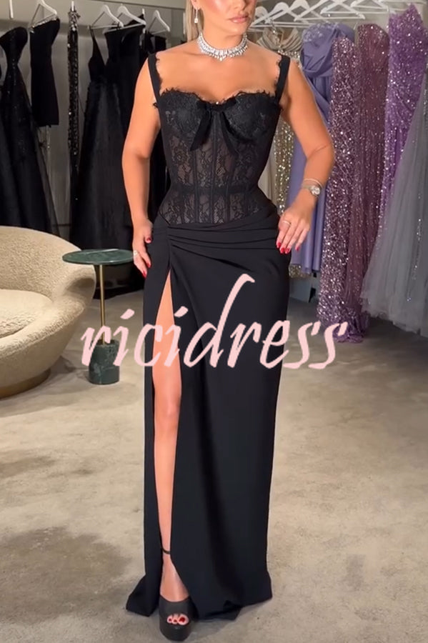 Sexy Grace Magic Lace Corset Bow Design Ruched Hip Slit Maxi Dress