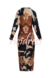 Verra Unique Print Dolman Long Sleeve Ruched Slit Midi Dress