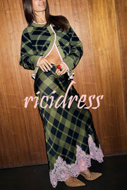 Holiday Plaid Knit Color-blocked Trim Button Long-sleeved Loose Cardigan