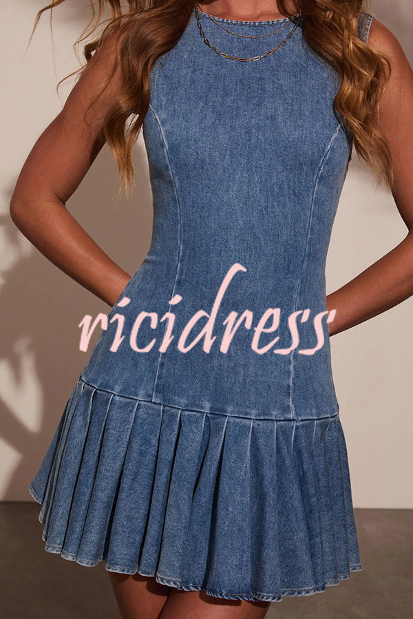 Fashionable Spliced Back Hollow Lace-up Pleated Slim-fit Denim Mini Dress